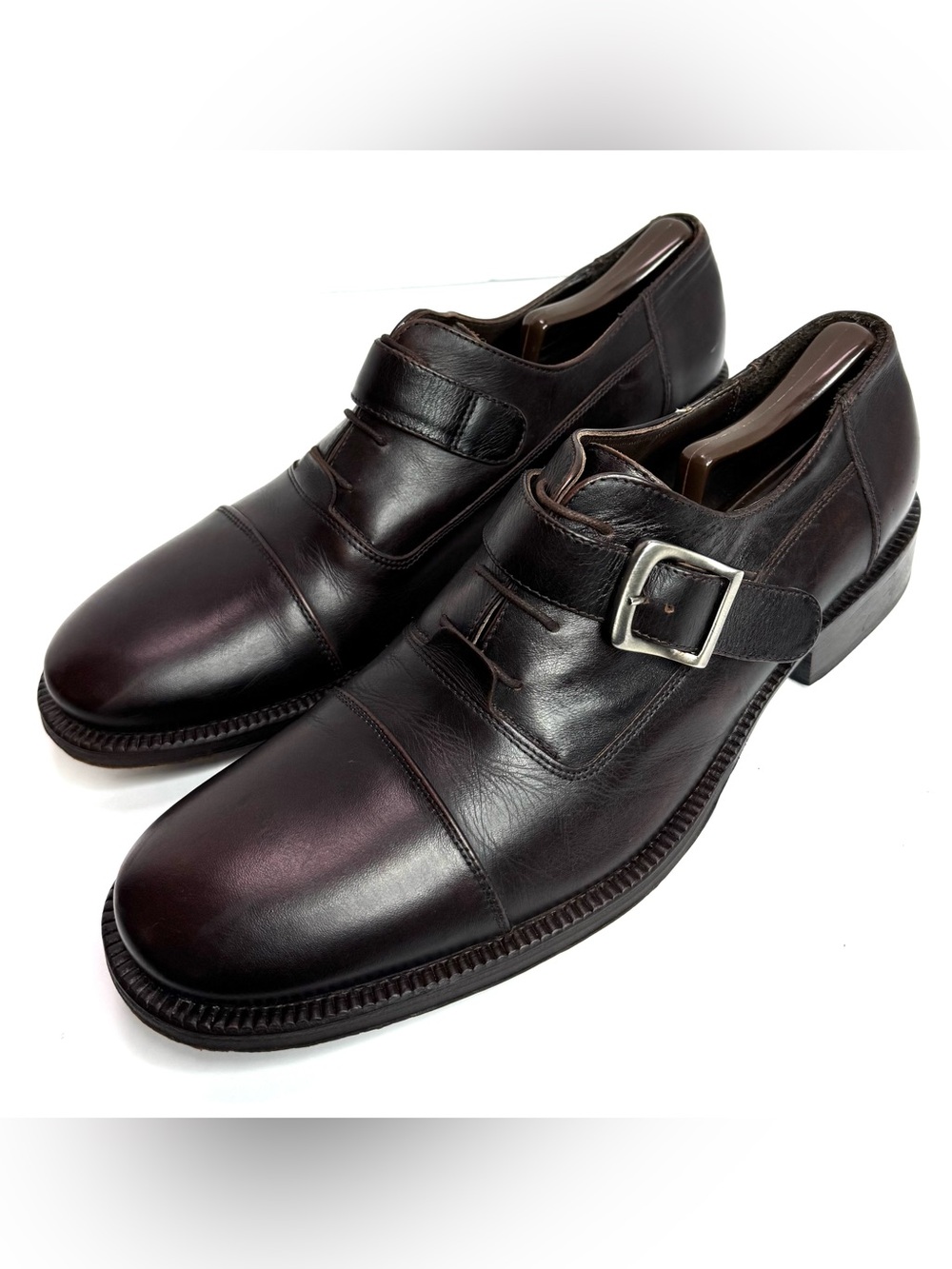 Kenneth Cole New York Mens 11.5 Brown Monk Strap Cap Toe Leather Shoes Italy